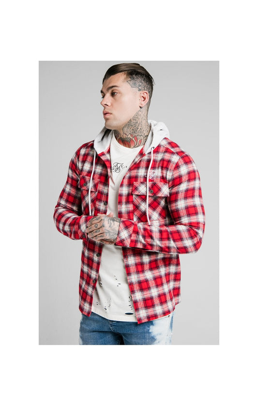 SikSilk L/S Hooded Flannel Shirt Jacket - Red & Off White