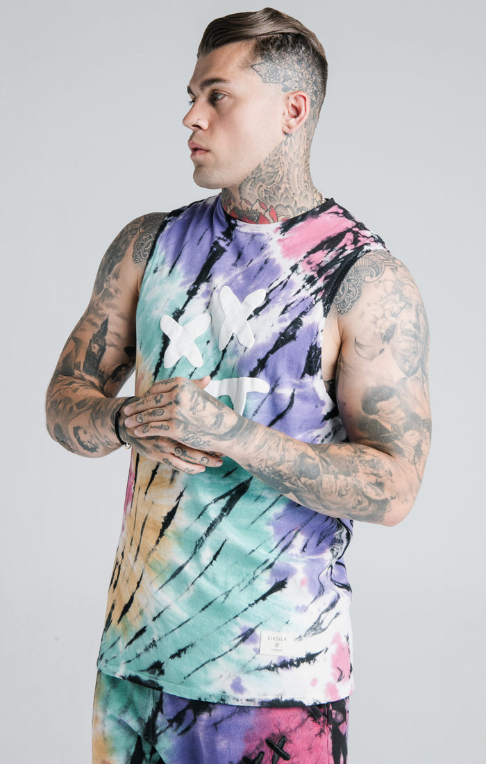 Laad de afbeelding in de Galerij viewer, SikSilk X Steve Aoki Racer Back Vest – Rainbow Ink Tie Dye