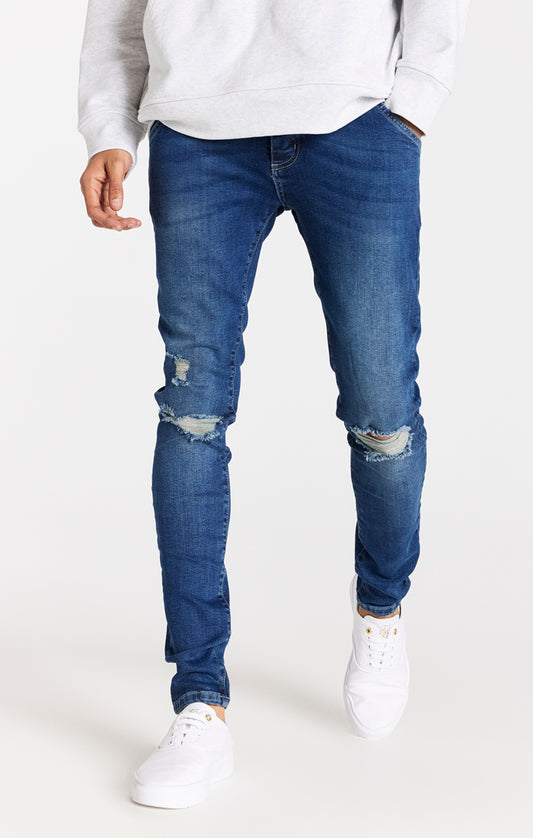 Blauwe jeans met gedragen look en versleten details - Slanke pasvorm (slim fit)