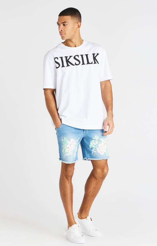 SikSilk Raw Floral Denim Shorts - Light Midstone Blue