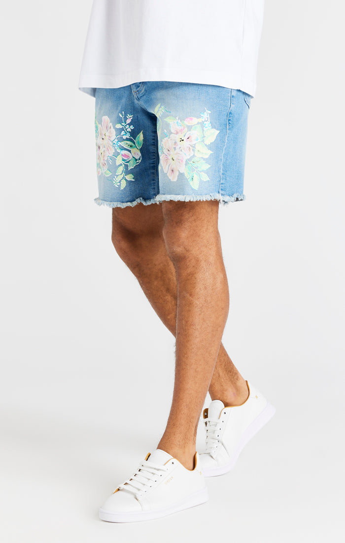 Laad de afbeelding in de Galerij viewer, SikSilk Raw Floral Denim Shorts - Light Midstone Blue