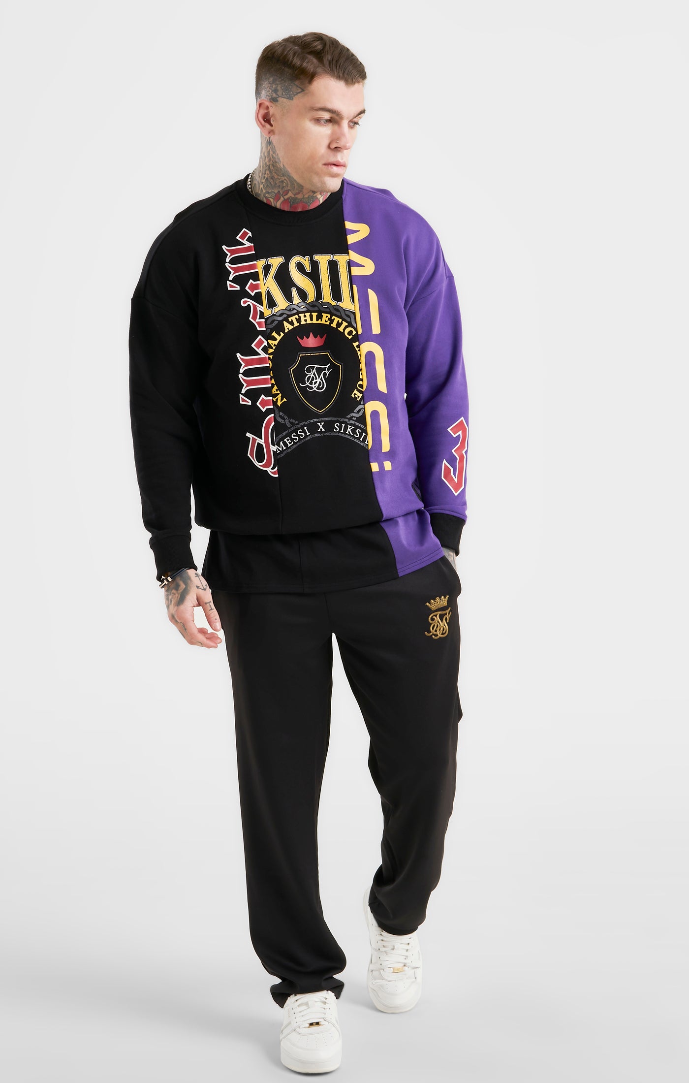 Laad de afbeelding in de Galerij viewer, Messi x SikSilk Retro Varsity  Crew Sweater - Black &amp; Purple (3)
