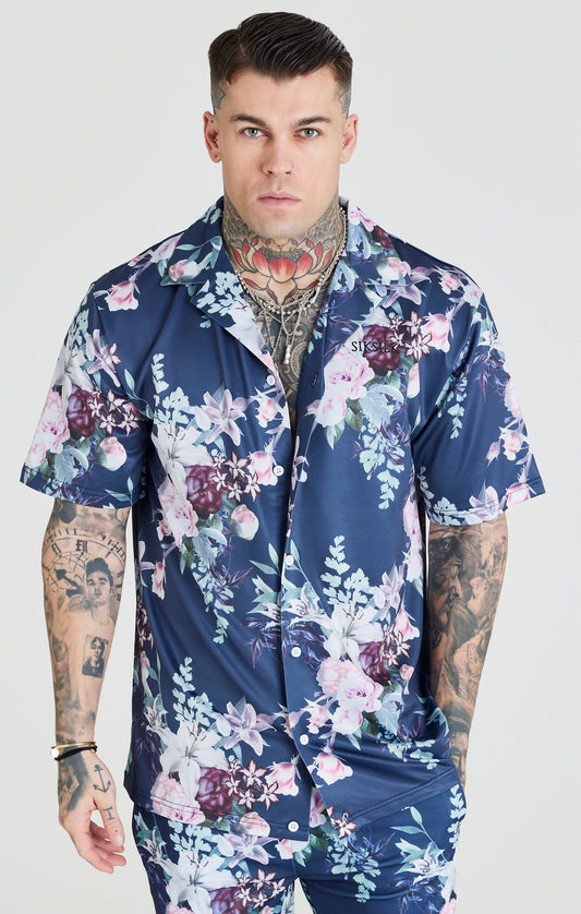 Marineblauw uniseks hemd met botanische print