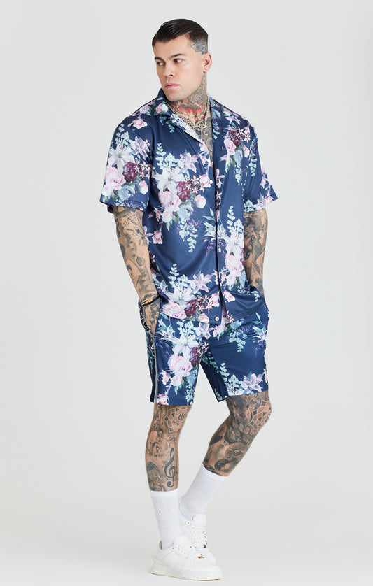 Marineblauw uniseks hemd met botanische print