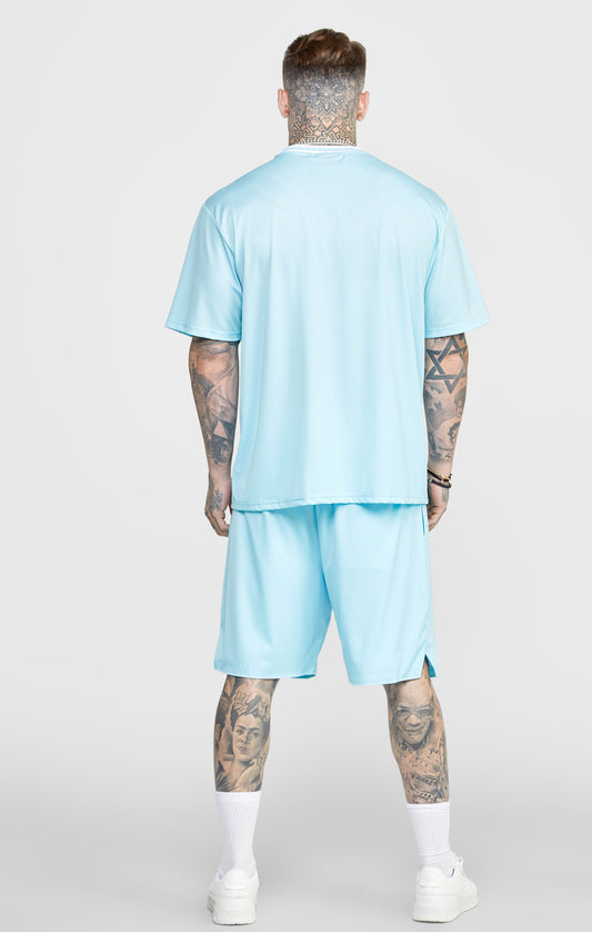 Blauw T-shirt van mesh-stof met licht afgezakte schouders