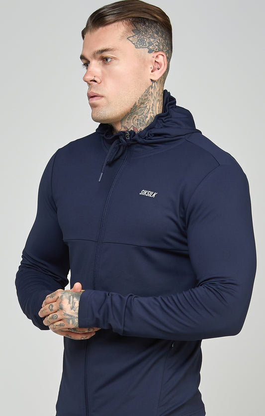 Marineblauwe sportieve sweater met nauwsluitende pasvorm (muscle fit), capuchon en volledig ritssluiting