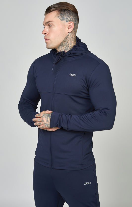 Marineblauwe sportieve sweater met nauwsluitende pasvorm (muscle fit), capuchon en volledig ritssluiting