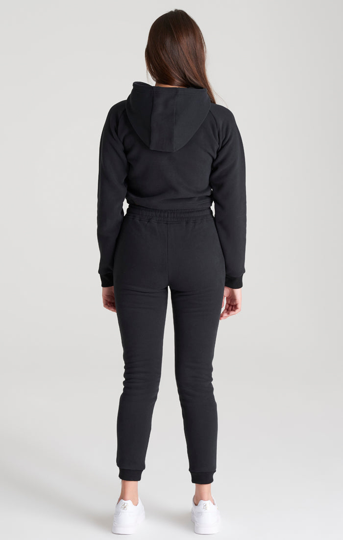 Laad de afbeelding in de Galerij viewer, Zwarte cropped sweater met capuchon en opschrift voor meisjes (5)