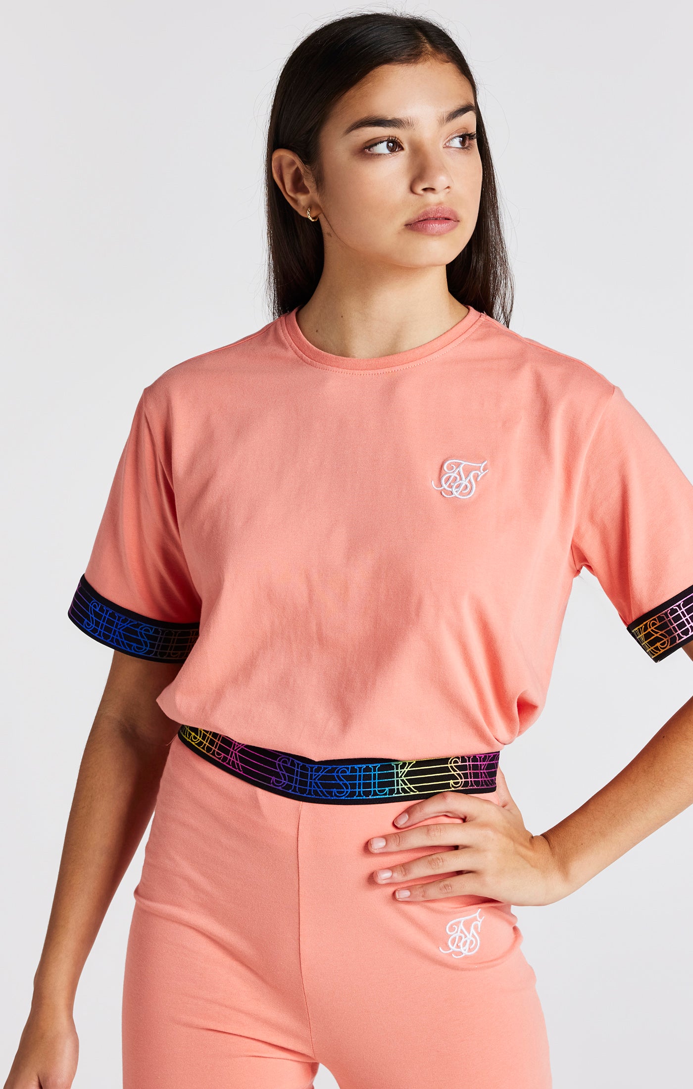 Laad de afbeelding in de Galerij viewer, Girls Coral Taped Crop T-Shirt (5)