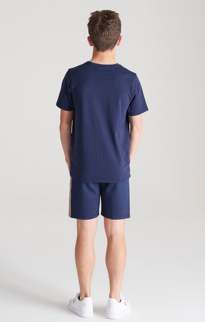 Laad de afbeelding in de Galerij viewer, Marineblauwe geplooide short met zijbanden voor jongens (5)