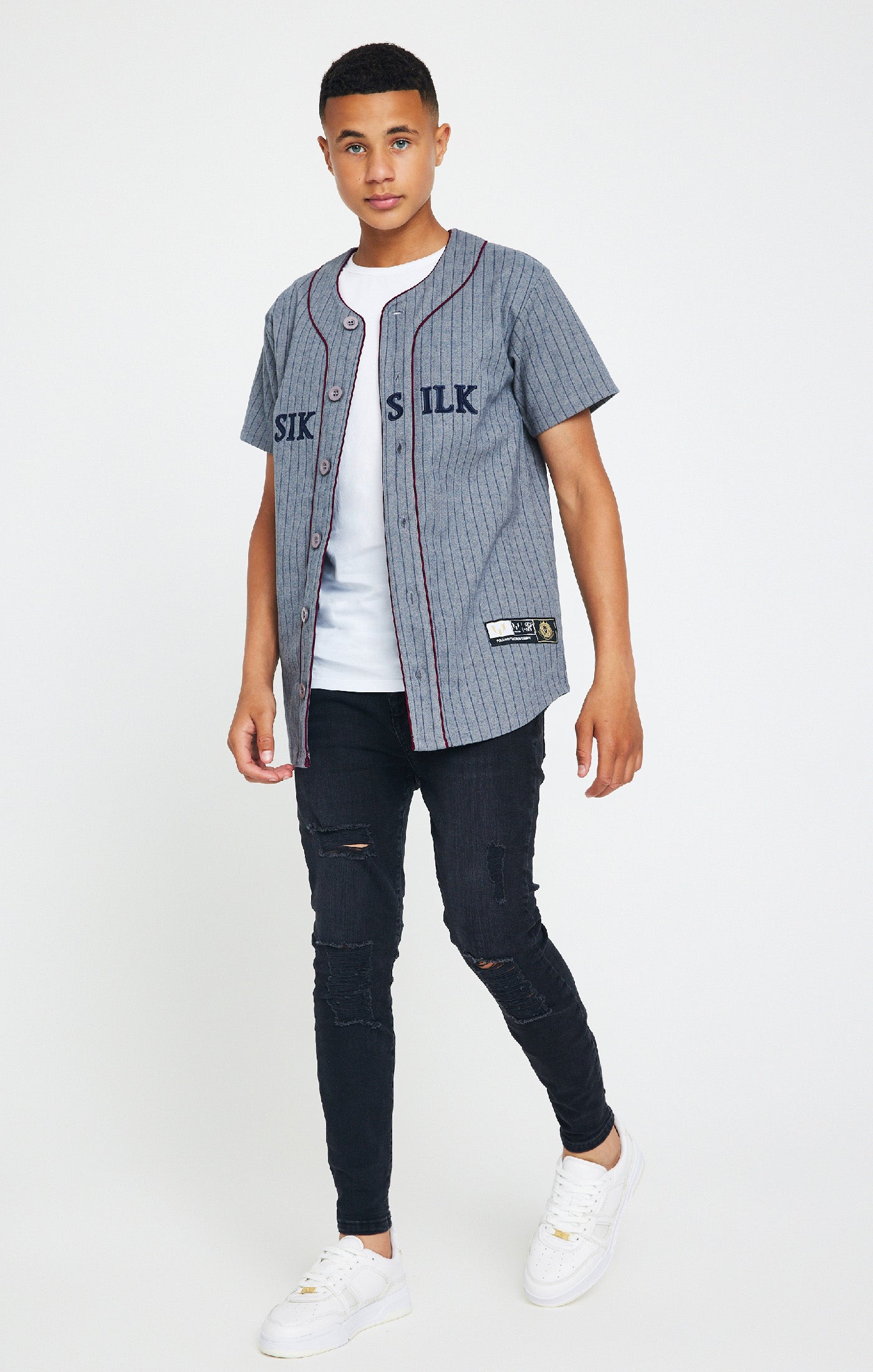 Laad de afbeelding in de Galerij viewer, Messi X SikSilk Baseball Shirt - Marl Grijs Bordeaux &amp; Navy (3)